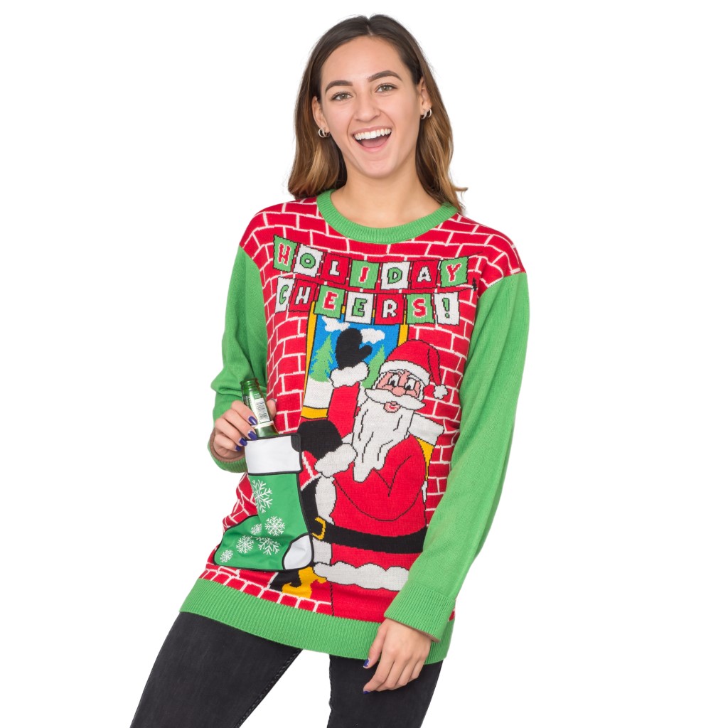 Women’s Holiday Cheers! Santa with Beer Holder Stocking Ugly Christmas Sweater,Ugly Christmas Sweaters | Funny Xmas Sweaters for Men and Women