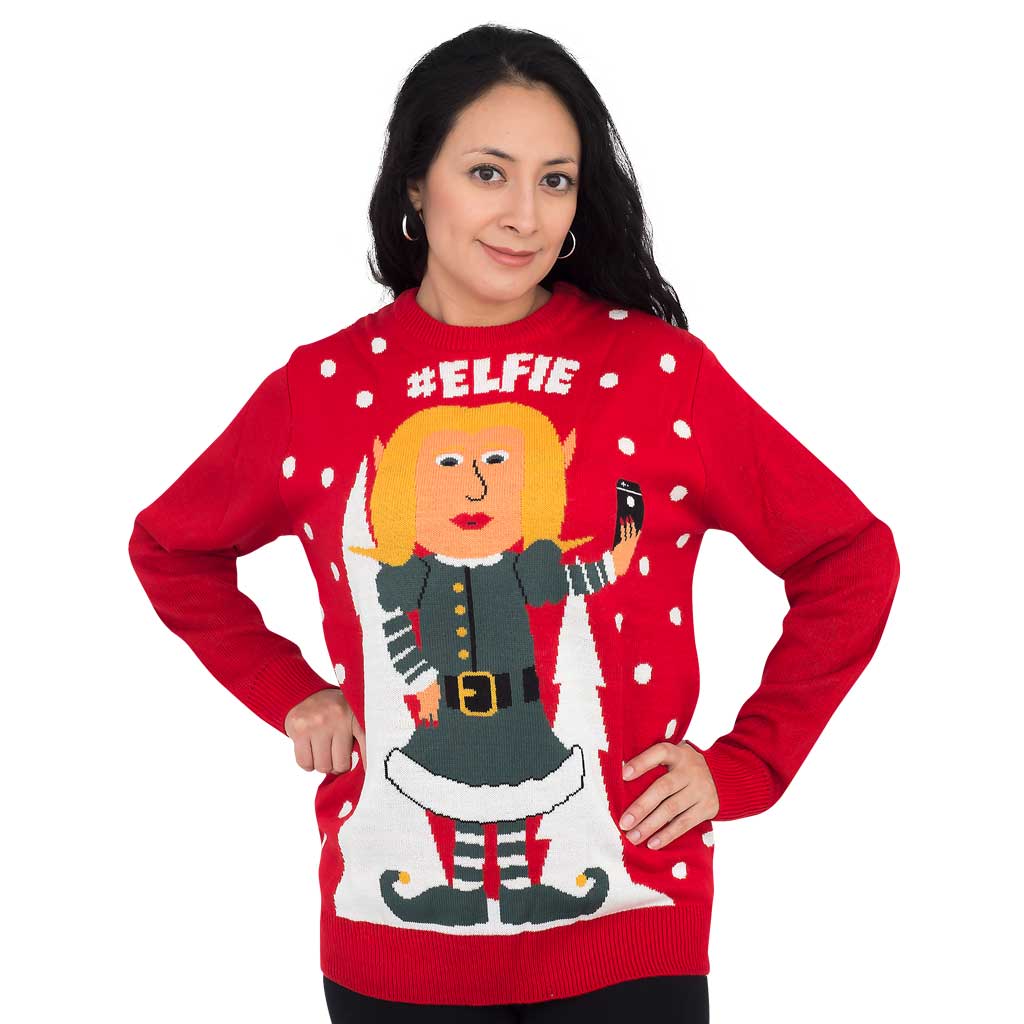 Womens #Elfie Hashtag Ugly Christmas Sweater