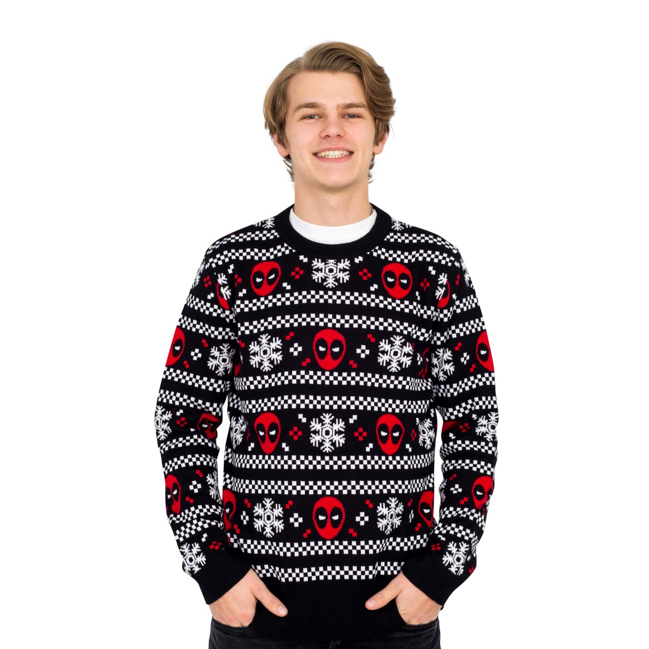 Deadpool Holiday Snow Stripes Ugly Christmas Sweater,Ugly Christmas Sweaters | Funny Xmas Sweaters for Men and Women