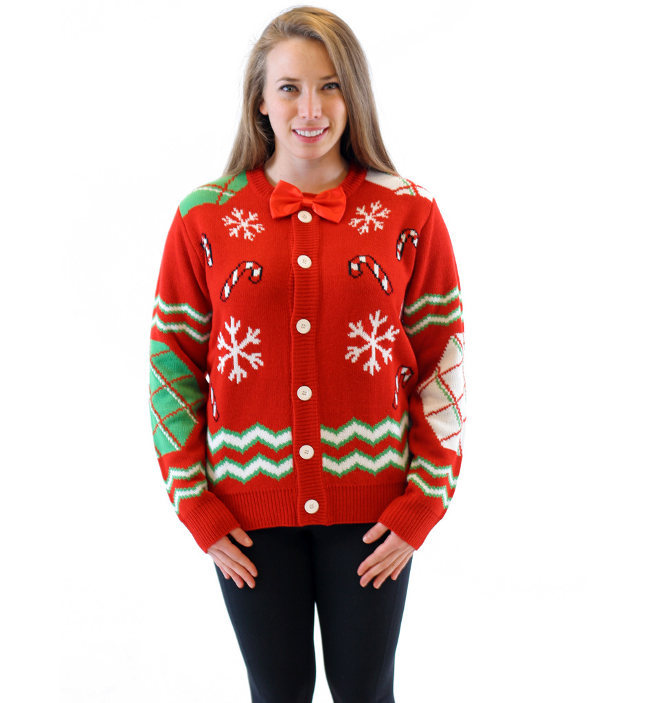 Women’s Candy Canes and Snowflakes Button Up Ugly Christmas Sweater with Bowtie,Ugly Christmas Sweaters | Funny Xmas Sweaters for Men and Women