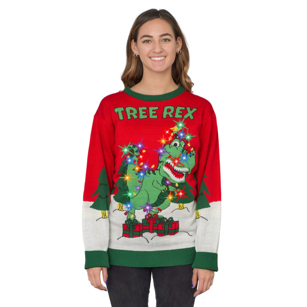 Women’s Tree Rex Light Up T-Rex Ugly Christmas Sweater,Ugly Christmas Sweaters | Funny Xmas Sweaters for Men and Women