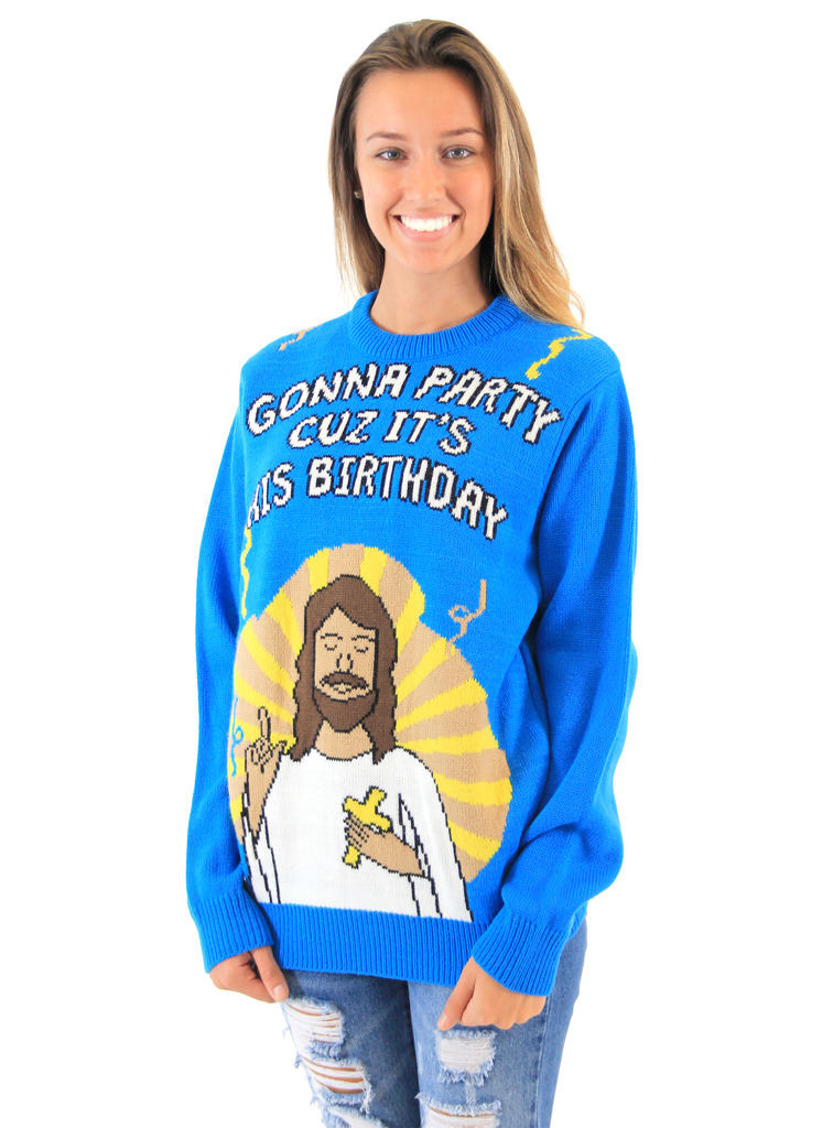 Women’s Ugly Christmas Sweater – Gonna Party Cuz It’s His Birthday Jesus,Ugly Christmas Sweaters | Funny Xmas Sweaters for Men and Women
