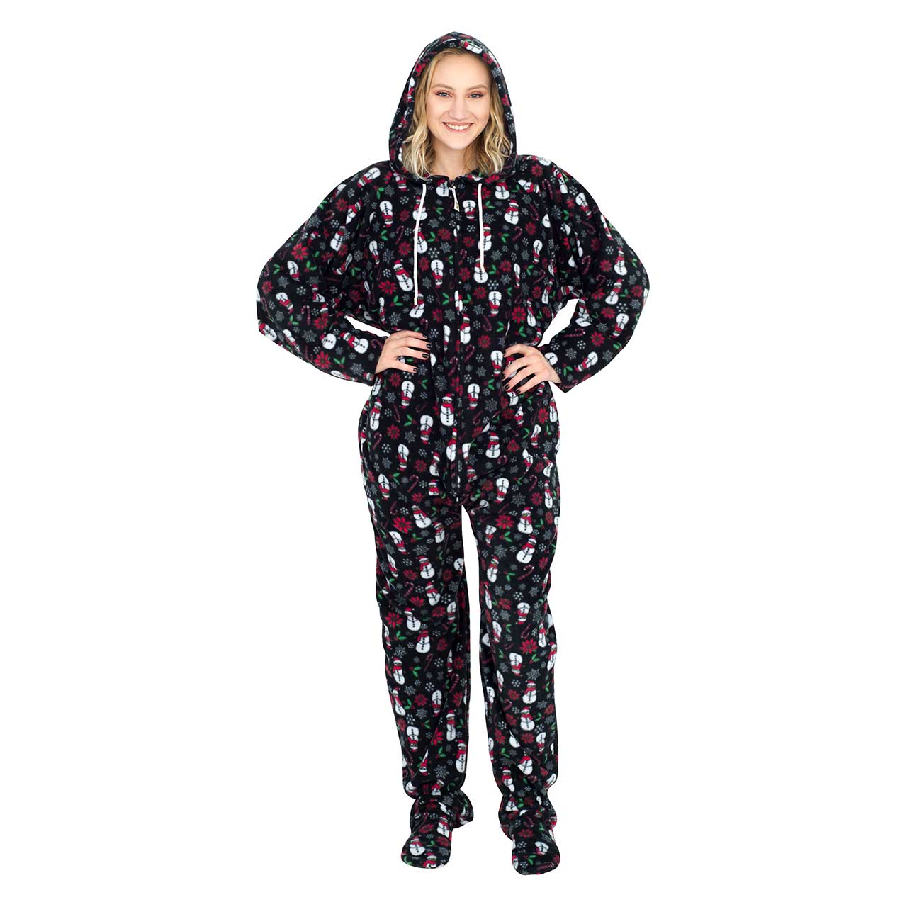 Snowmen and Candy Canes Black Ugly Christmas Pajama Suit with Hood,Ugly Christmas Sweaters | Funny Xmas Sweaters for Men and Women