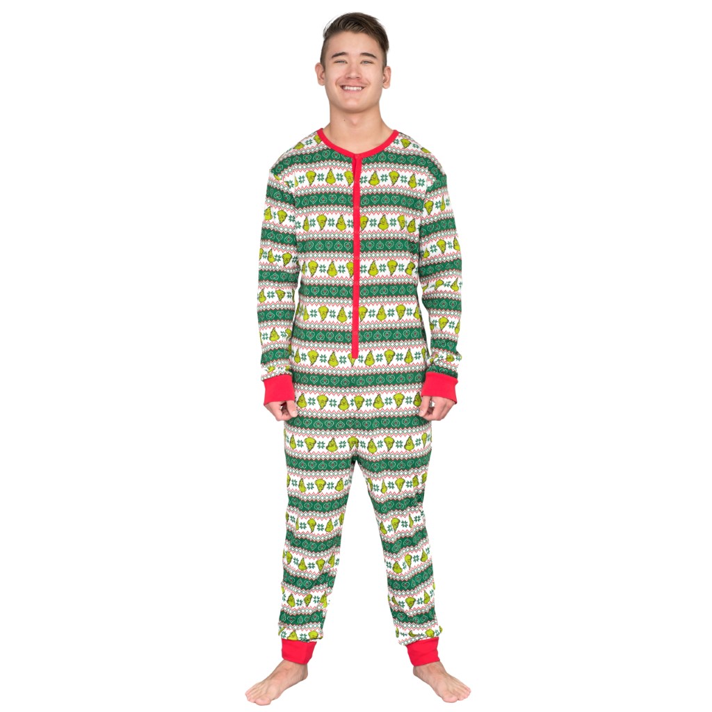 Grinch Family Faces Christmas Pajama Union Suit,Ugly Christmas Sweaters | Funny Xmas Sweaters for Men and Women