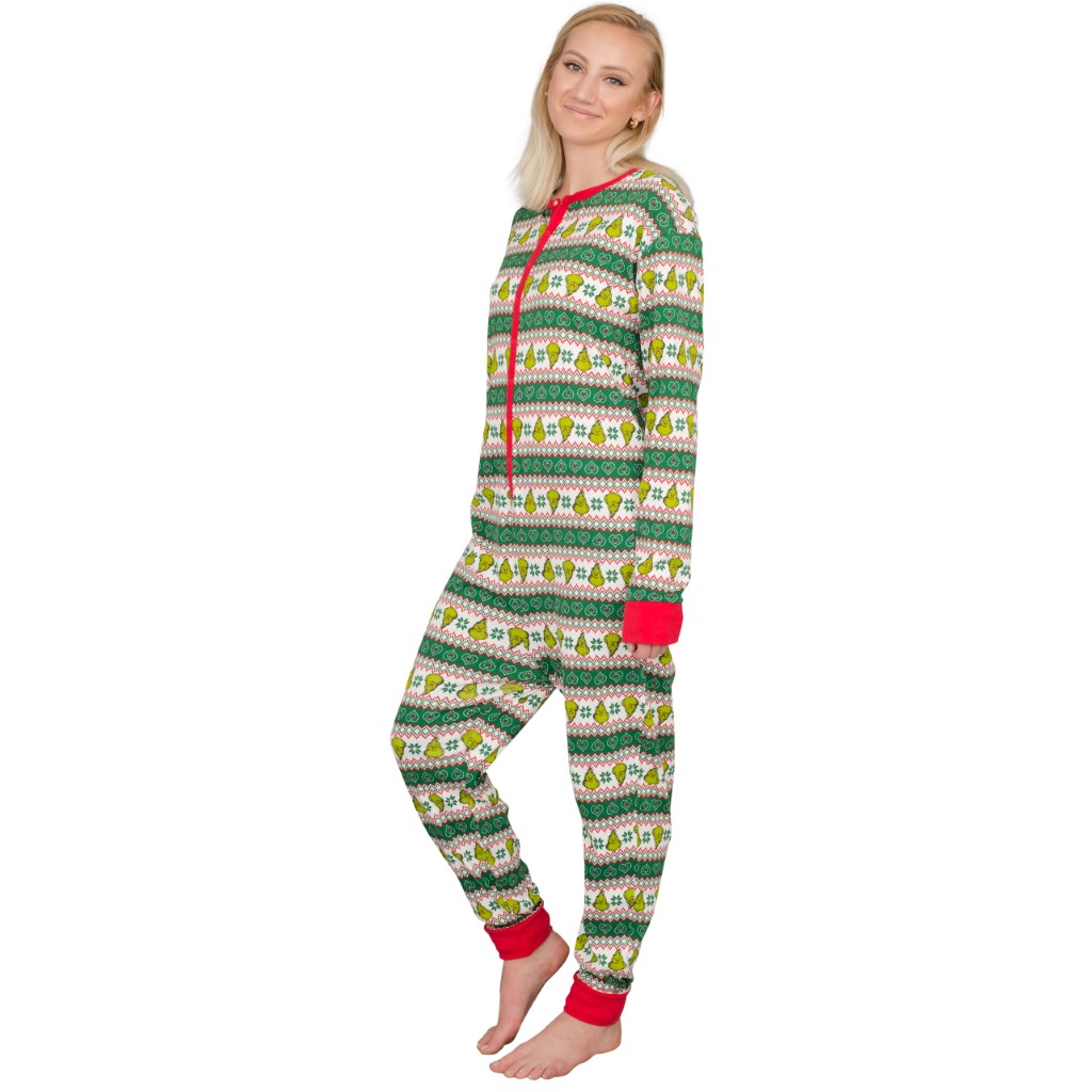 Women’s Grinch Family Faces Christmas Pajama Union Suit,Ugly Christmas Sweaters | Funny Xmas Sweaters for Men and Women