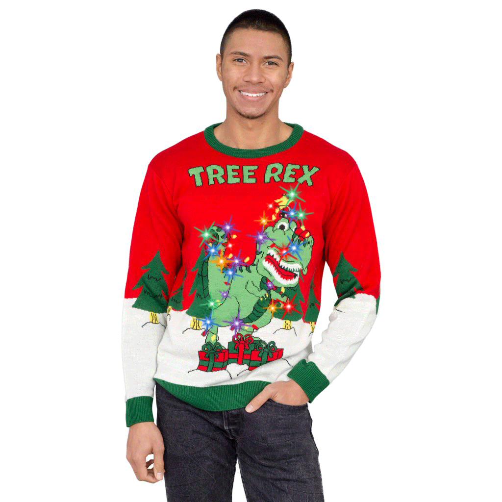 Tree Rex Light Up T-Rex Ugly Christmas Sweater
