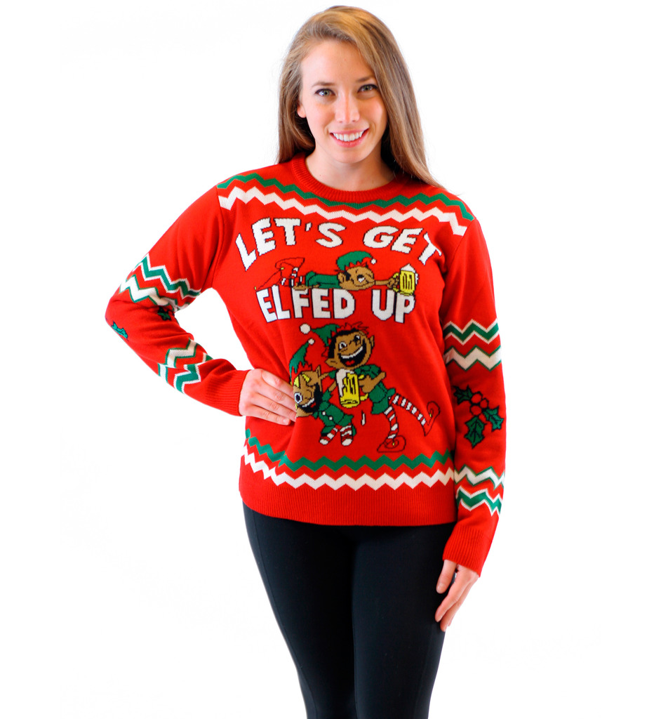 Women’s Let’s Get Elfed Up Drunken Elves Ugly Christmas Sweater,Ugly Christmas Sweaters | Funny Xmas Sweaters for Men and Women
