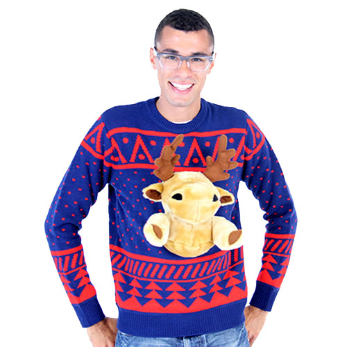 Navy 3-D Christmas Sweater with Stuffed Moose