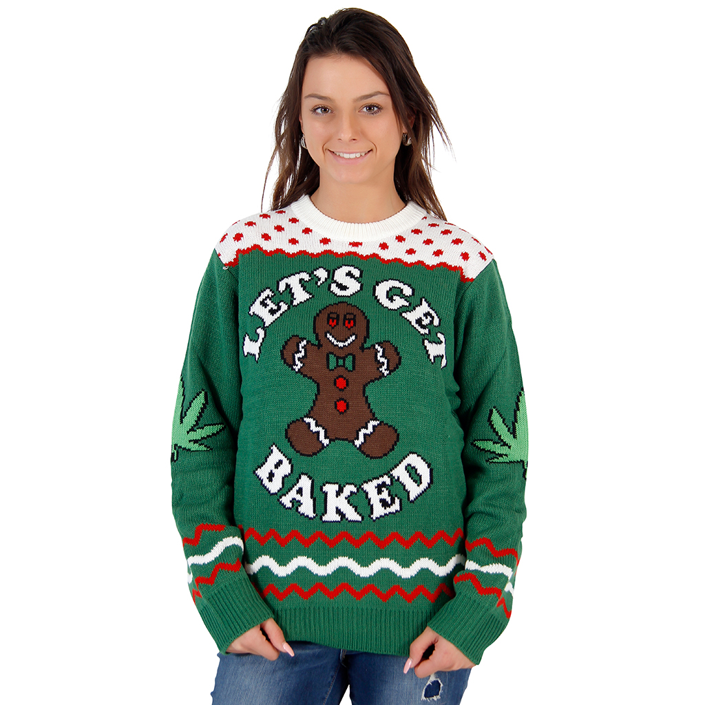 Women’s Let’s Get Baked Happy Gingerbread Tacky Christmas Sweater,Ugly Christmas Sweaters | Funny Xmas Sweaters for Men and Women