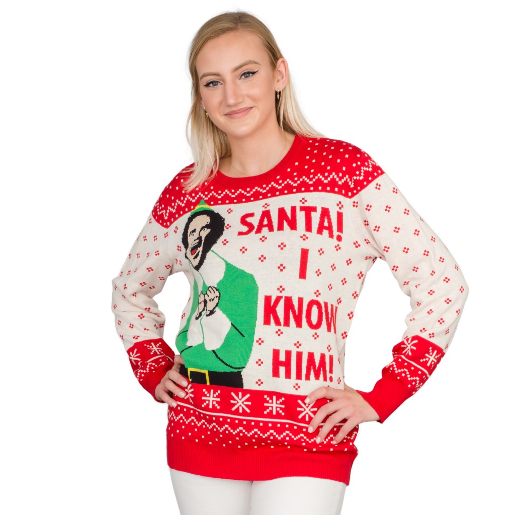 Women’s Elf Buddy Santa I Know Him Ugly Christmas Sweater,Ugly Christmas Sweaters | Funny Xmas Sweaters for Men and Women