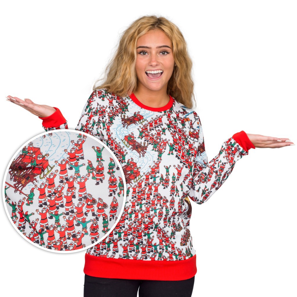 Women’s Where’s Waldo Santa Sleds Snow Mountain Ugly Sweater,Specials : uglyschristmassweater.com