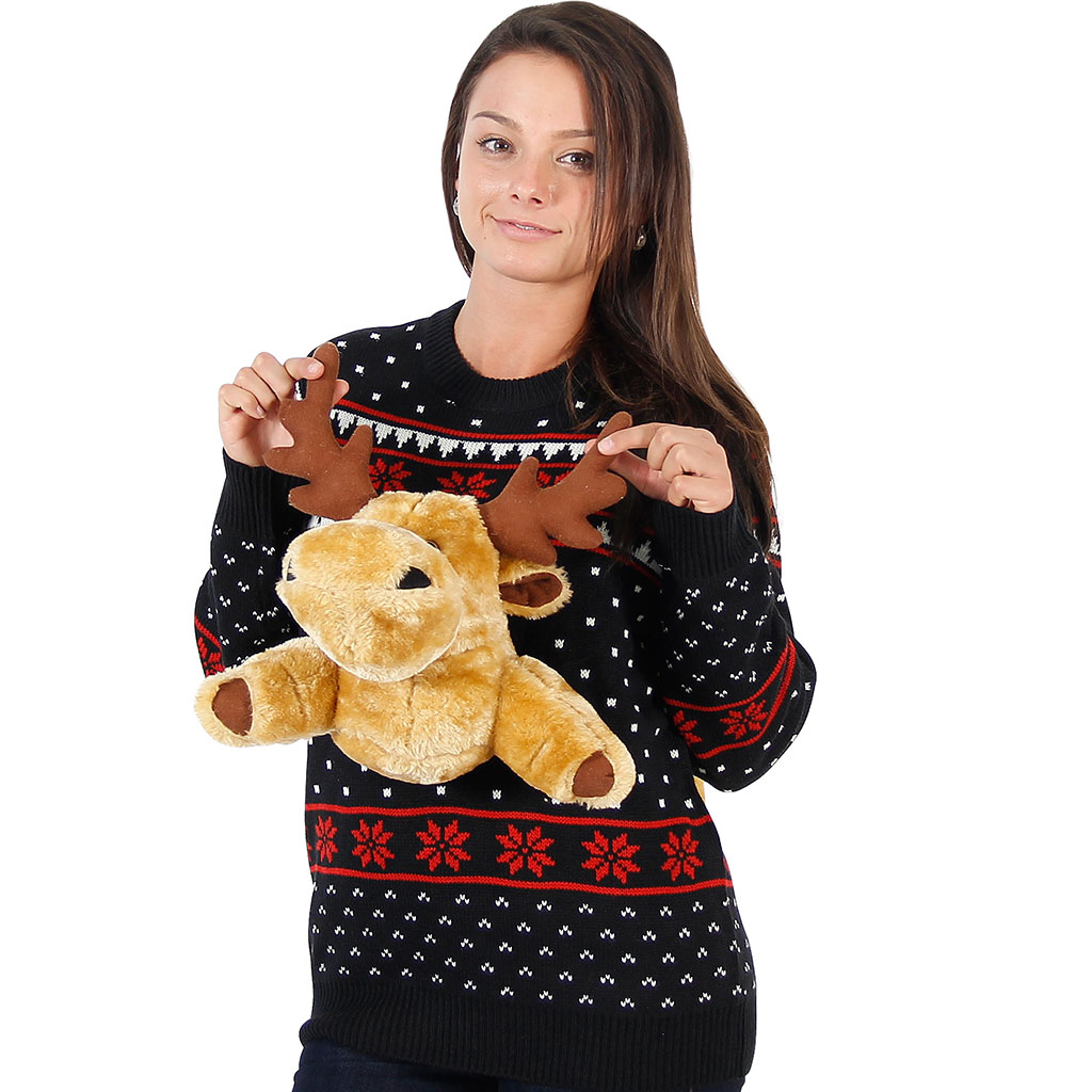Women’s Black 3-D Sweater with Stuffed Moose,Ugly Christmas Sweaters | Funny Xmas Sweaters for Men and Women