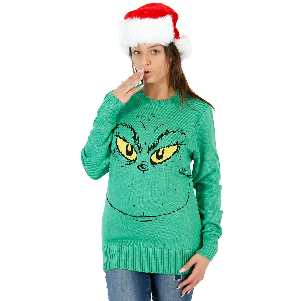 Women’s Grinch Face Dr. Seuss Christmas Sweater,Ugly Christmas Sweaters | Funny Xmas Sweaters for Men and Women