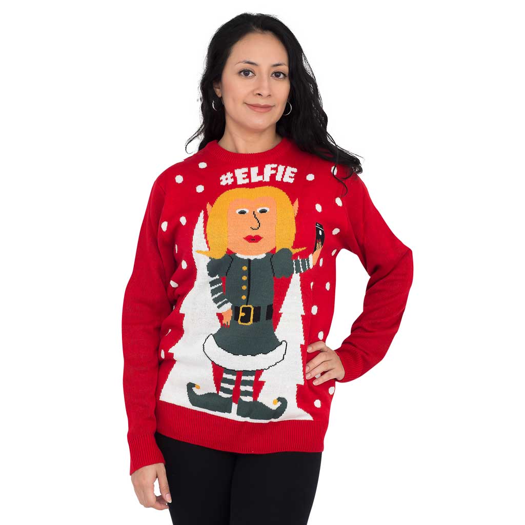 Womens #Elfie Hashtag Ugly Christmas Sweater,Ugly Christmas Sweaters | Funny Xmas Sweaters for Men and Women