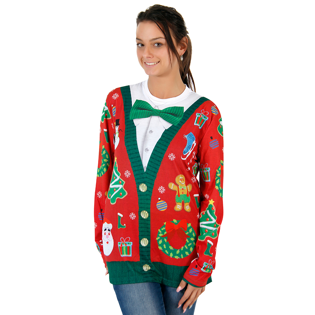 Women’s Christmas Cardigan with Bow Long Sleeve All Over Print Shirt,New Products : uglyschristmassweater.com