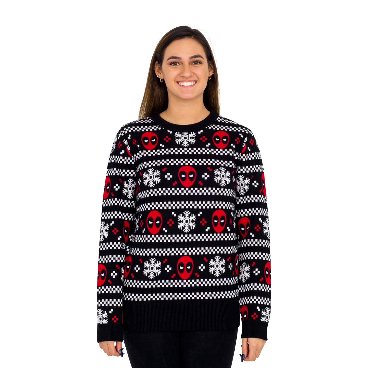 Women’s Deadpool Holiday Snow Stripes Ugly Christmas Sweater,Ugly Christmas Sweaters | Funny Xmas Sweaters for Men and Women