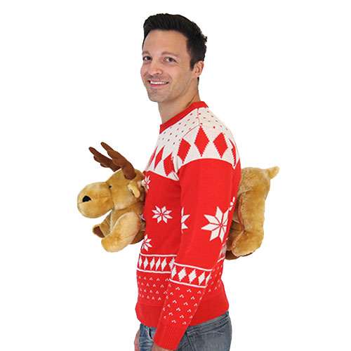 Red 3-D Christmas Sweater with Stuffed Moose,Ugly Christmas Sweaters | Funny Xmas Sweaters for Men and Women
