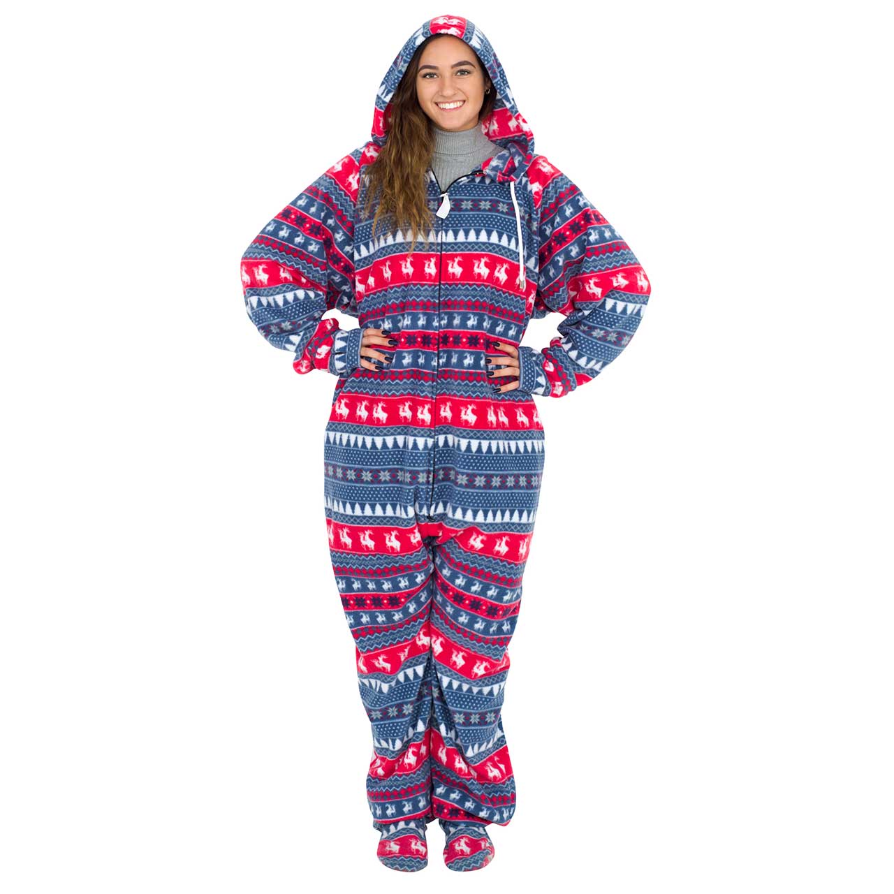 Red and Navy Humping Reindeer Ugly Christmas Pajama Suit with Hood,Ugly Christmas Sweaters | Funny Xmas Sweaters for Men and Women