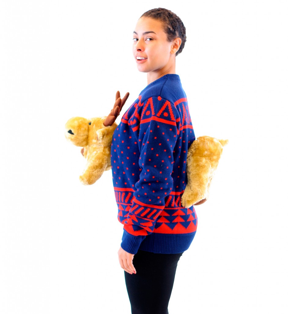 Women’s Navy 3-D Christmas Sweater with Stuffed Moose,New Products : uglyschristmassweater.com