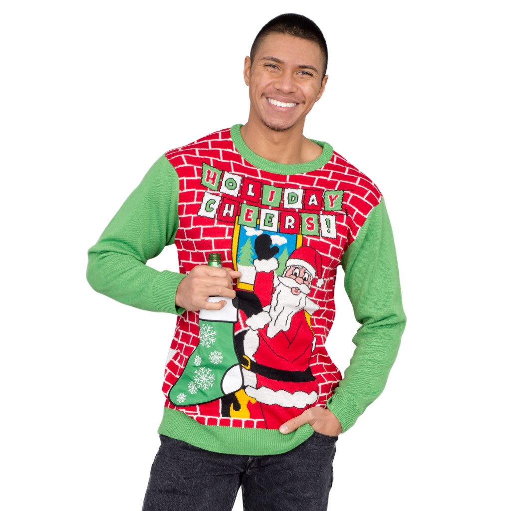 Holiday Cheers! Santa with Beer Holder Stocking Ugly Christmas Sweater,Ugly Christmas Sweaters | Funny Xmas Sweaters for Men and Women