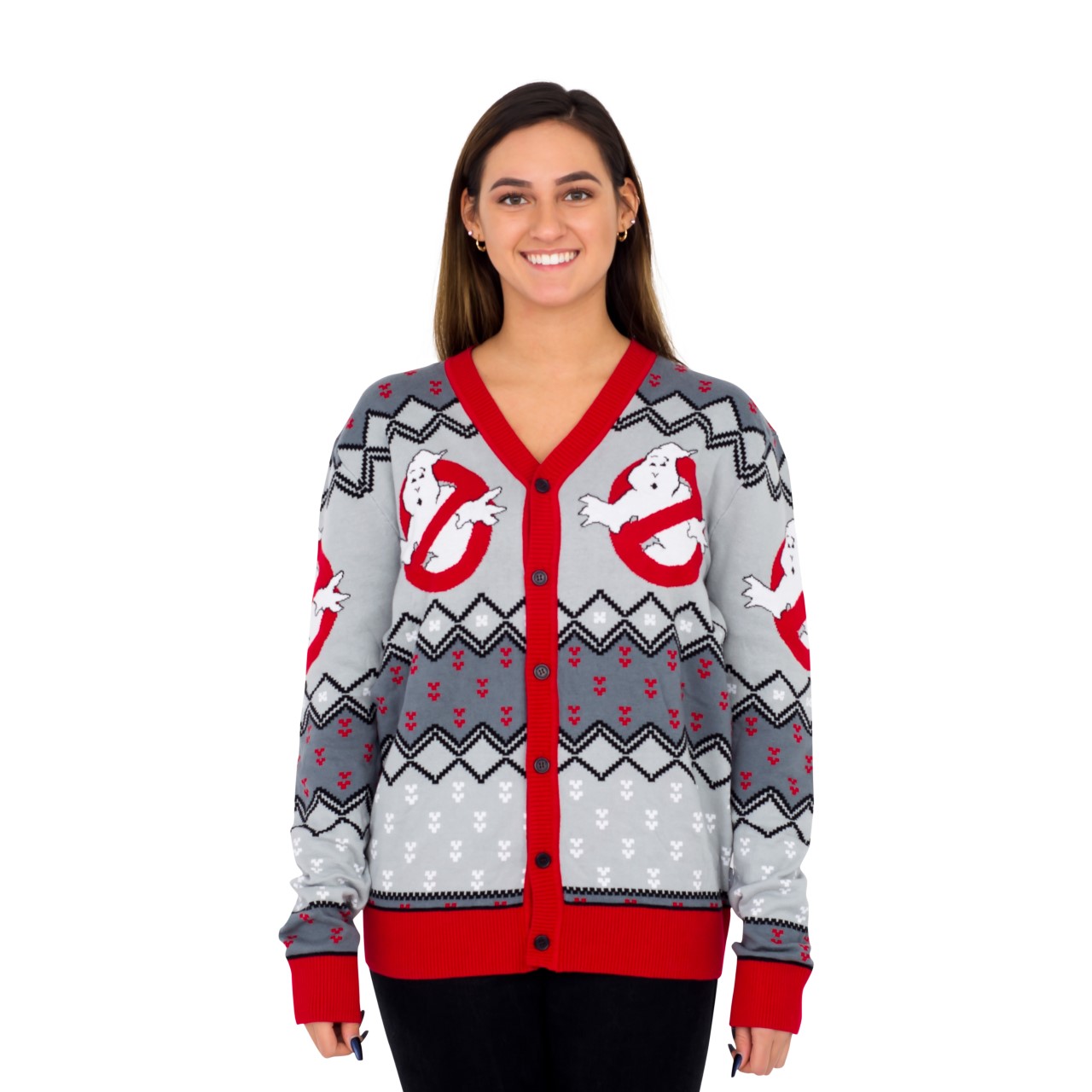 Women’s Ghostbusters Logo Ugly Christmas Cardigan Sweater
