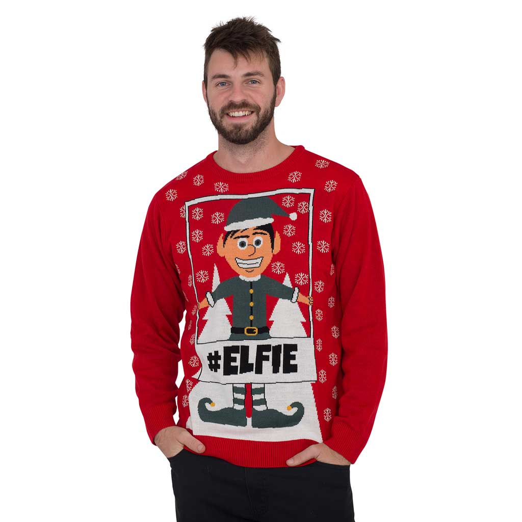 Mens #Elfie Hashtag Ugly Christmas Sweater,Ugly Christmas Sweaters | Funny Xmas Sweaters for Men and Women
