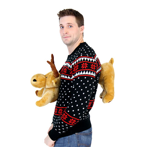 Black 3-D Sweater with Stuffed Moose,Ugly Christmas Sweaters | Funny Xmas Sweaters for Men and Women