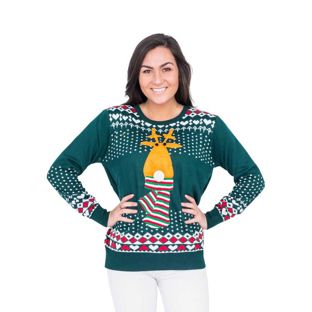 Women’s Green Reindeer Christmas Sweater,Ugly Christmas Sweaters | Funny Xmas Sweaters for Men and Women