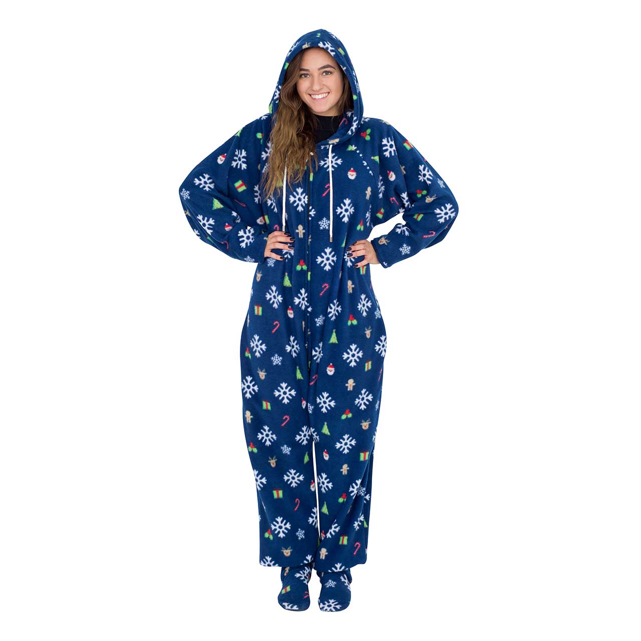 Snowflakes and Reindeer Navy Ugly Christmas Pajama Suit with Hood,Specials : uglyschristmassweater.com