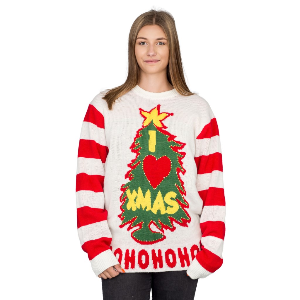 Women’s I Love Xmas HOHOHO Grinch Light Up (LED) Christmas Tree and Star Ugly Christmas Sweater