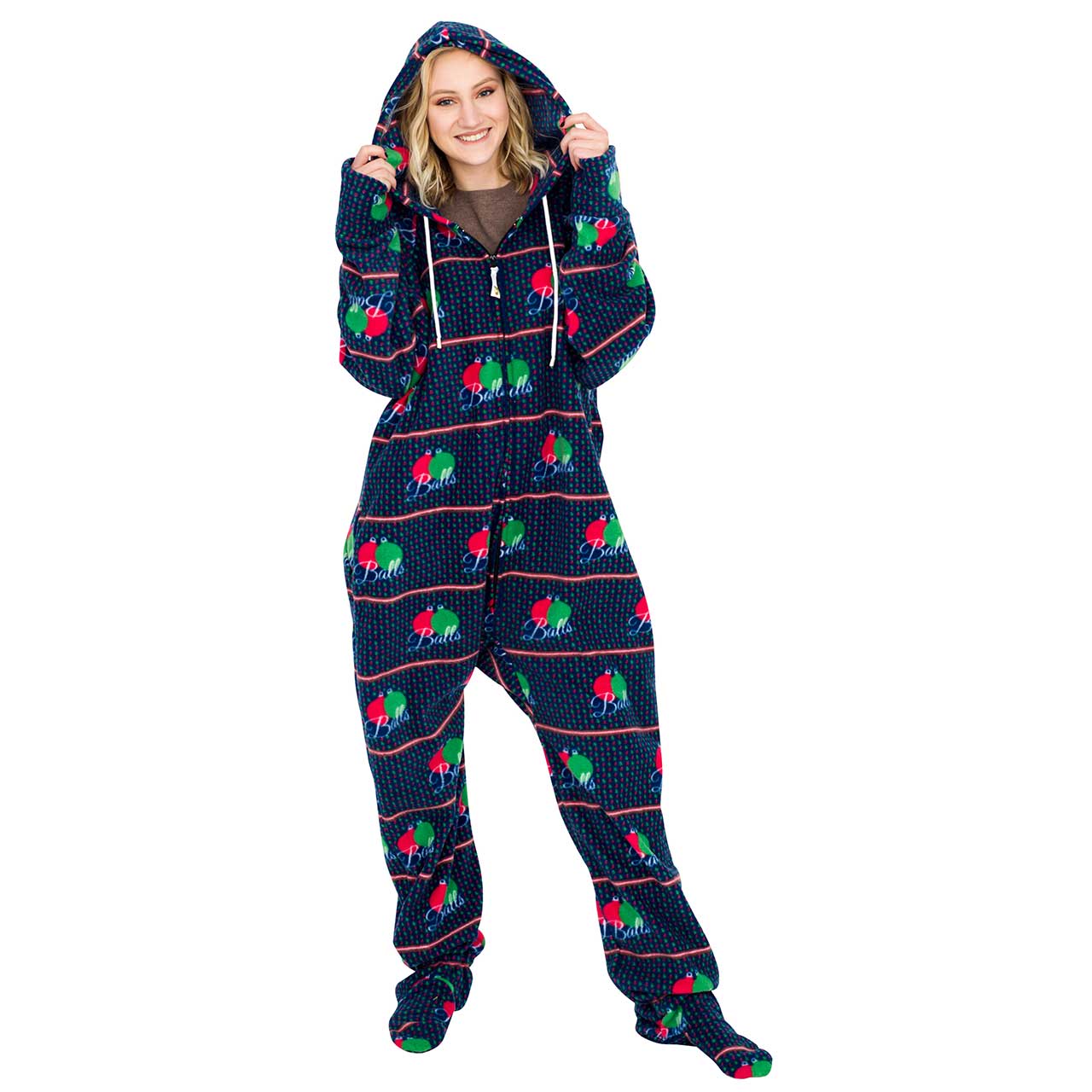 Balls Ugly Christmas Lazy Black Pajama Suit with Hood,Ugly Christmas Sweaters | Funny Xmas Sweaters for Men and Women