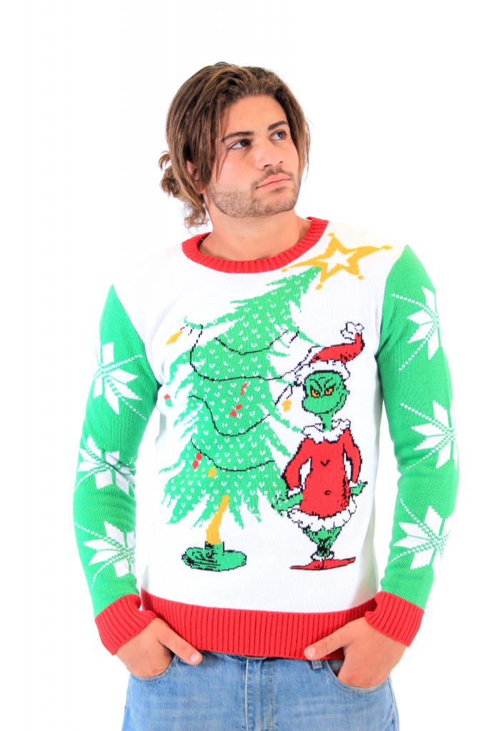 Dr Seuss Grinch As Santa Next To Tree Adult Off-White Sweater,New Products : uglyschristmassweater.com