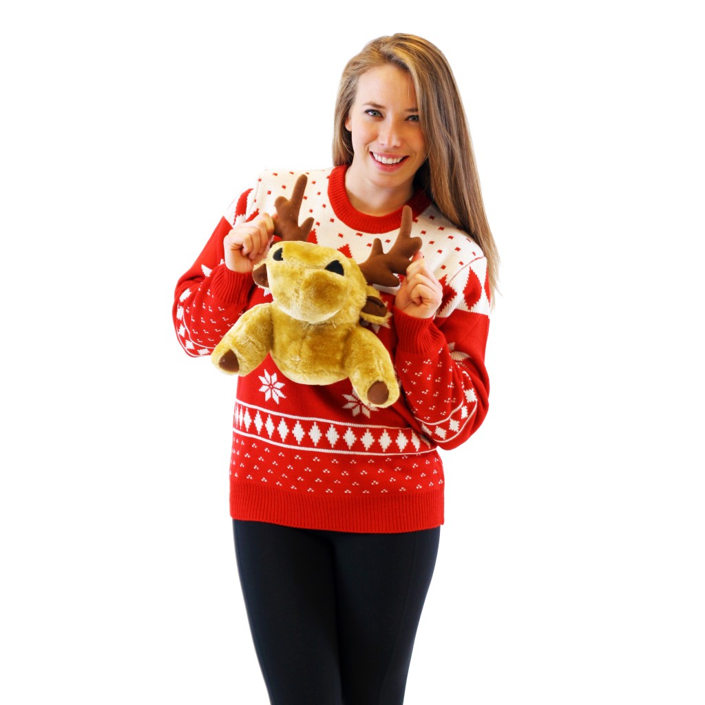 Women’s Red 3-D Christmas Sweater with Stuffed Moose,Ugly Christmas Sweaters | Funny Xmas Sweaters for Men and Women