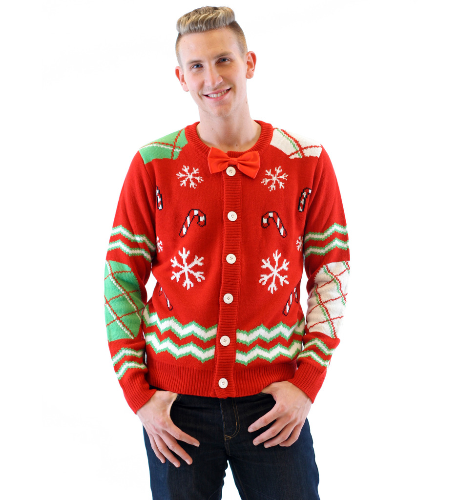 Candy Canes and Snowflakes Button Up Ugly Christmas Sweater with Bowtie,Ugly Christmas Sweaters | Funny Xmas Sweaters for Men and Women